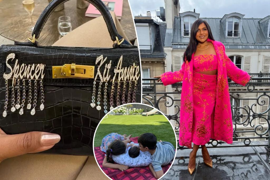 You are currently viewing Mindy Kaling shows off blinged-out Hermès Kelly bag with kids’ names